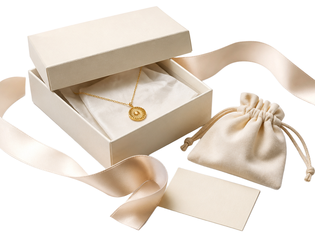 An ivory Nooré gift box with its lid slightly lifted, a champagne ribbon, a soft pouch, a blank note card and a gold pendant necklace resting inside