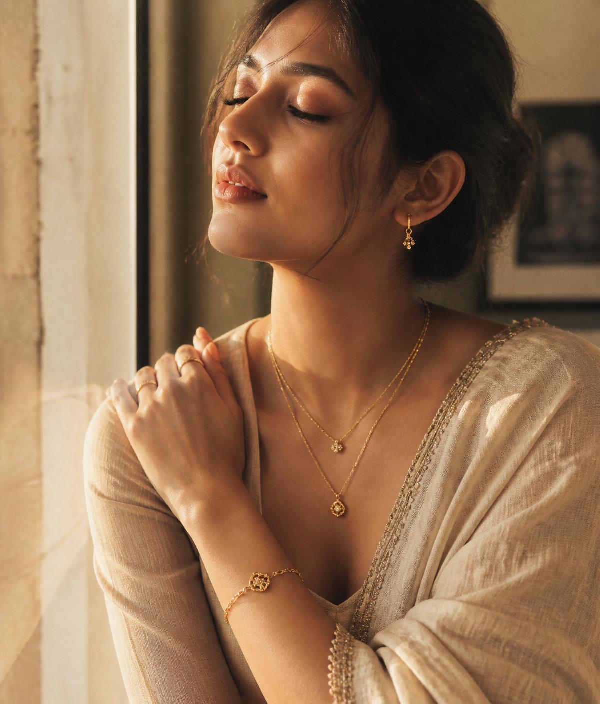 Model in warm evening light wearing layered Nooré jewellery