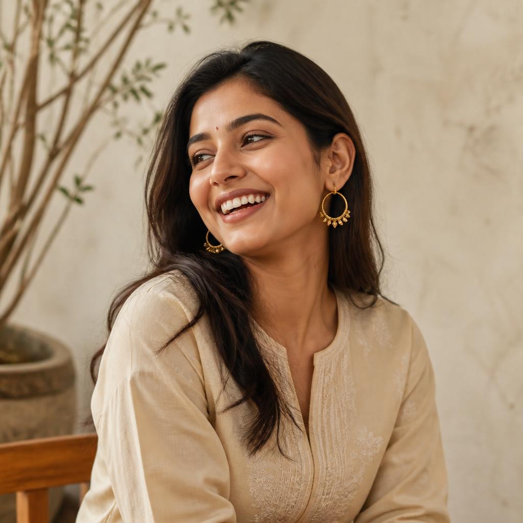 Customer laughing while wearing Nooré gold hoop earrings