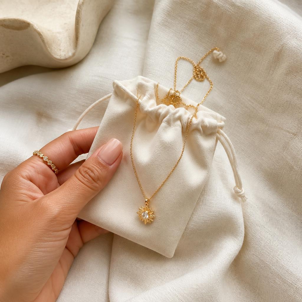 Hand holding an ivory Nooré pouch with a gold pendant necklace