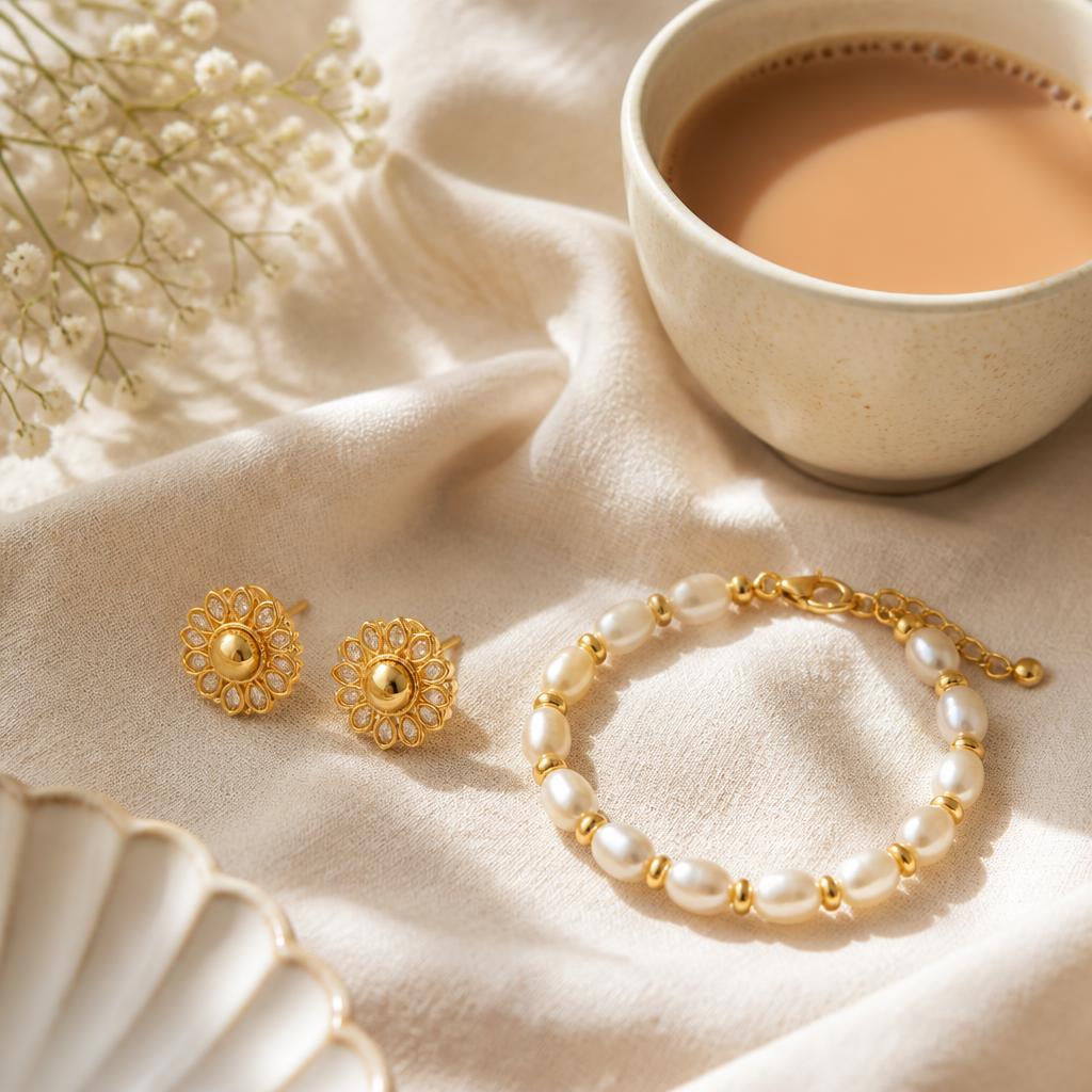 Flat lay of Nooré floral studs and a pearl bracelet beside a cup of chai