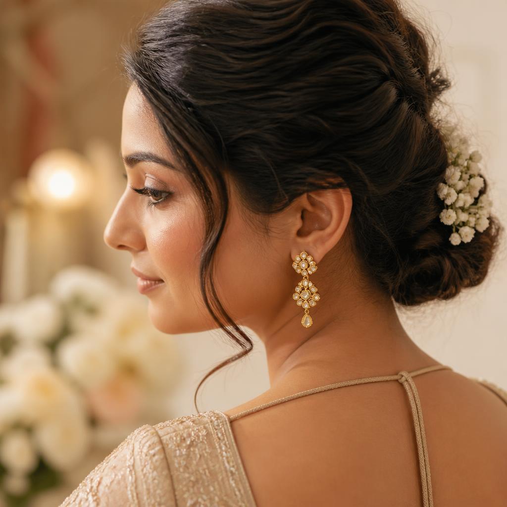 Bride-to-be wearing Nooré gold drop earrings with a soft updo