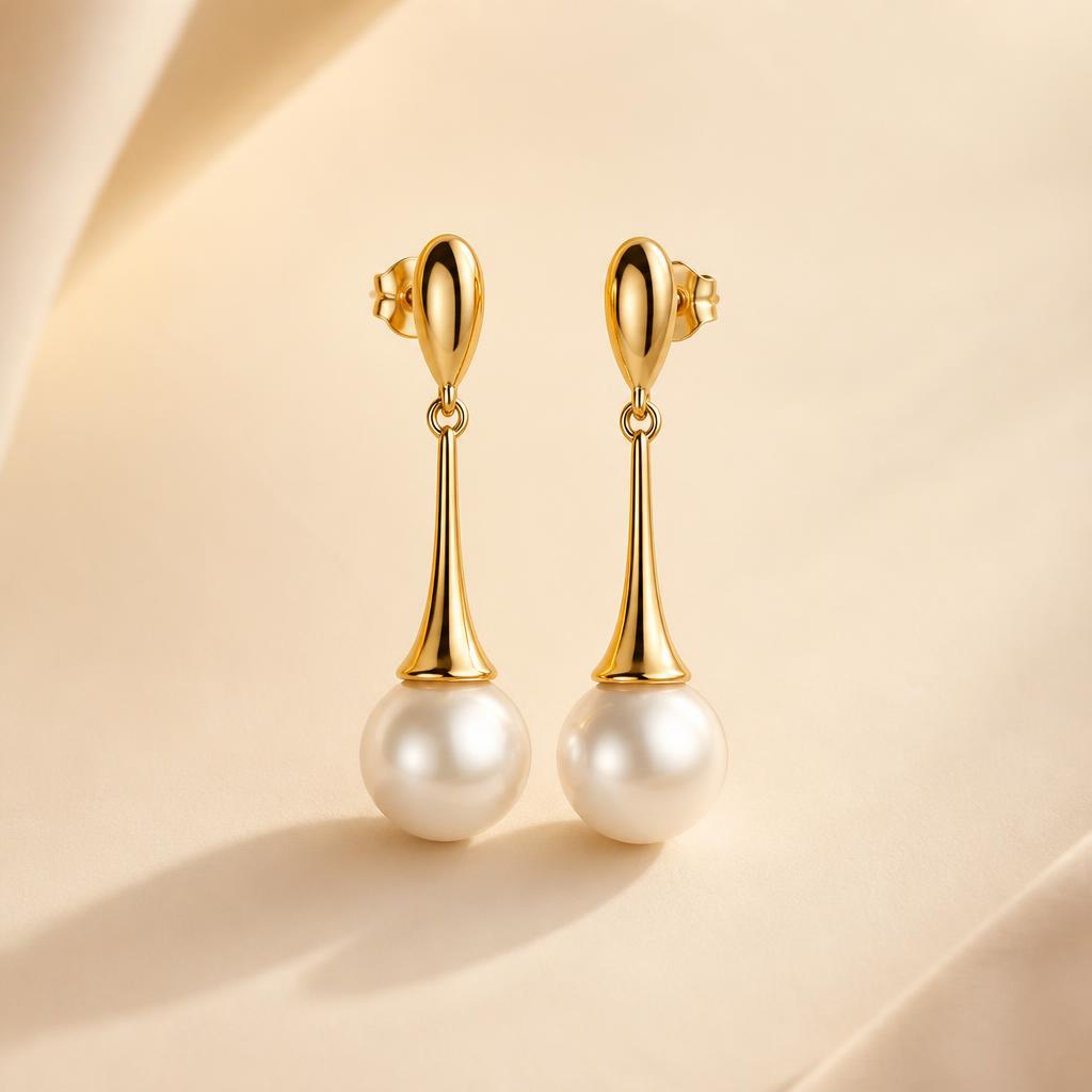 Aara Pearl Drop Earrings photographed on a warm ivory background