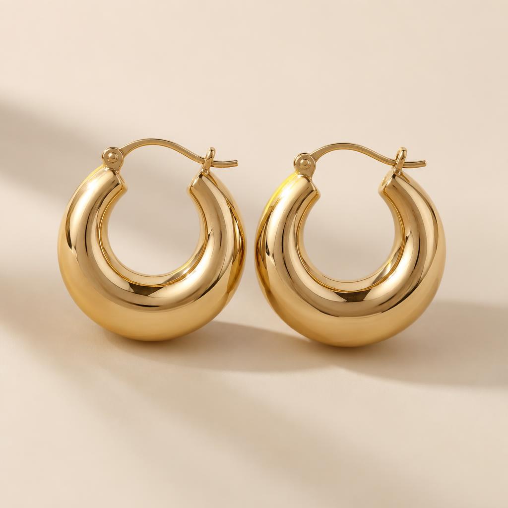 Meher Gold Hoop Earrings photographed on a warm ivory background
