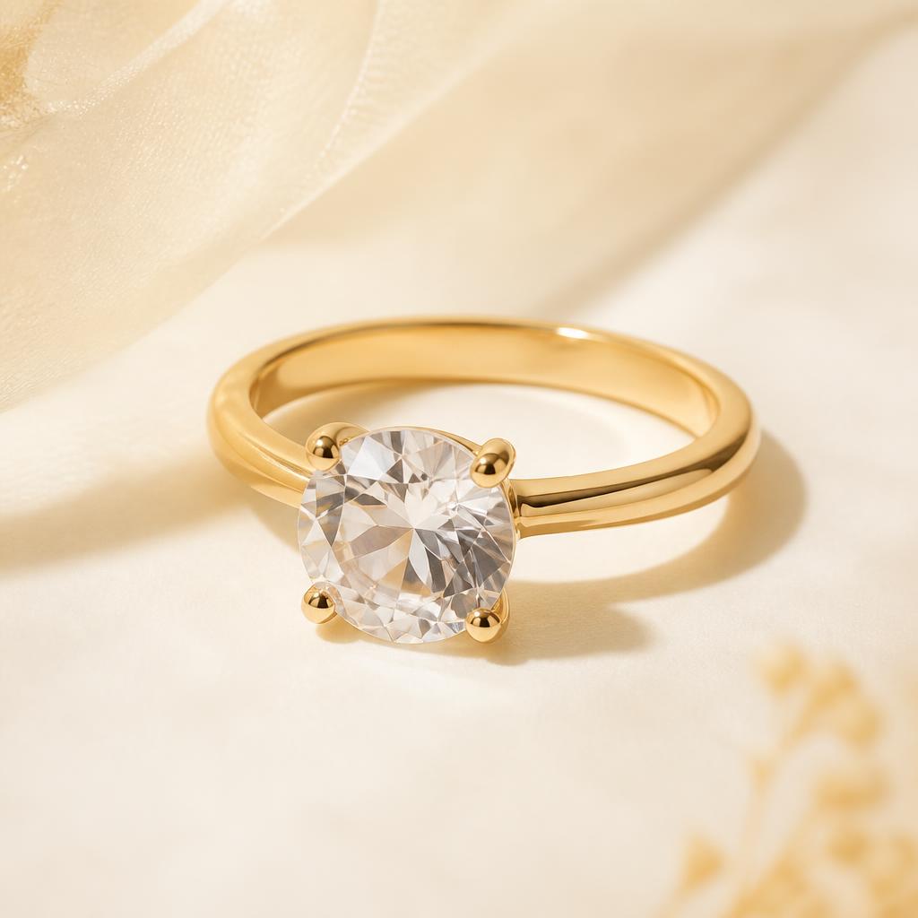 Tara Crystal Ring photographed on a warm ivory background